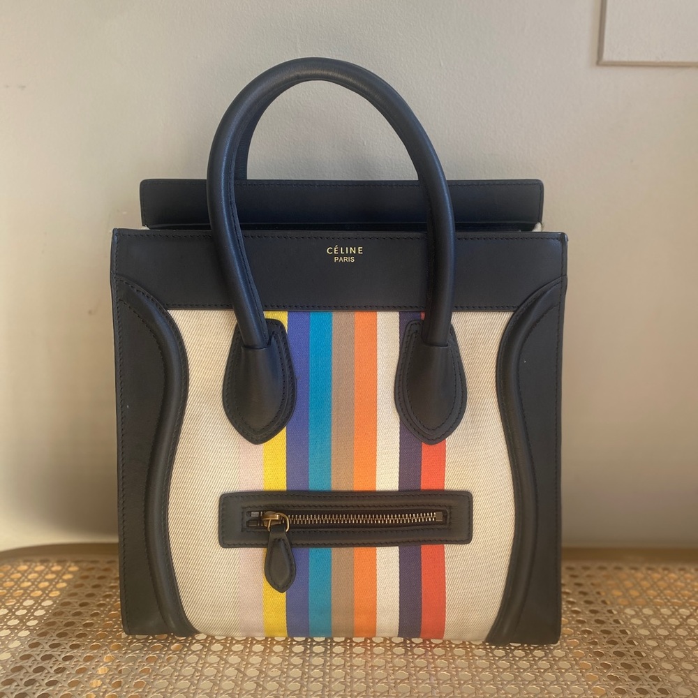 Authentic Celine End of the Rainbow Luggage Striped Tote with Navy Accents